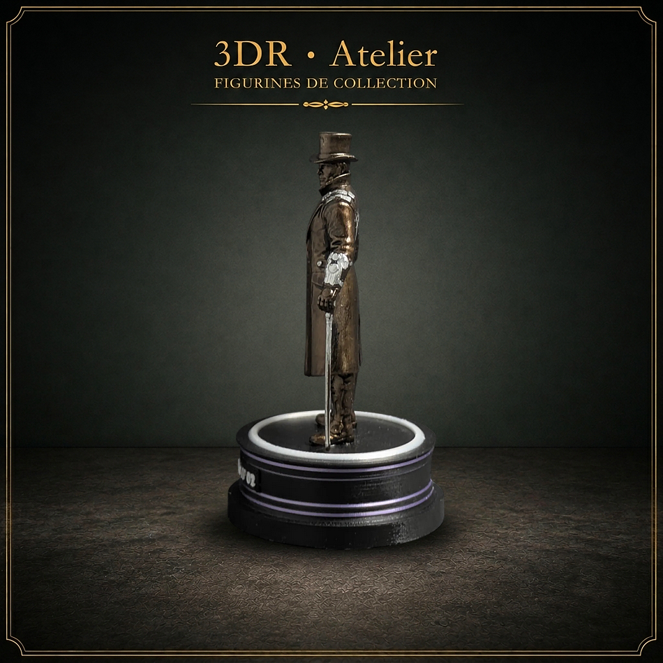 Statue miniature imprimée en 3D représentant Phileas Fogg dans un style Cyberpunk, présentée sur un socle rond.
