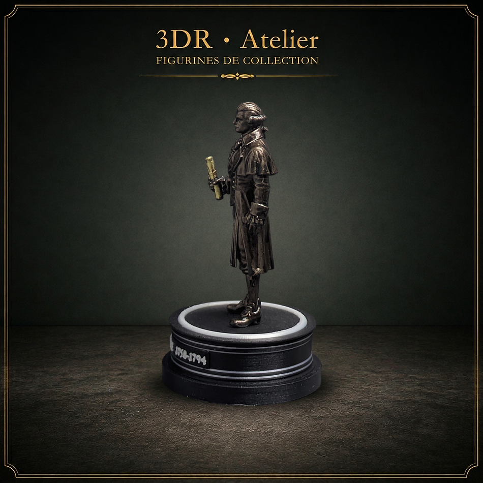 Statue miniature imprimée en 3D représentant Robespierre, présentée sur un socle rond.